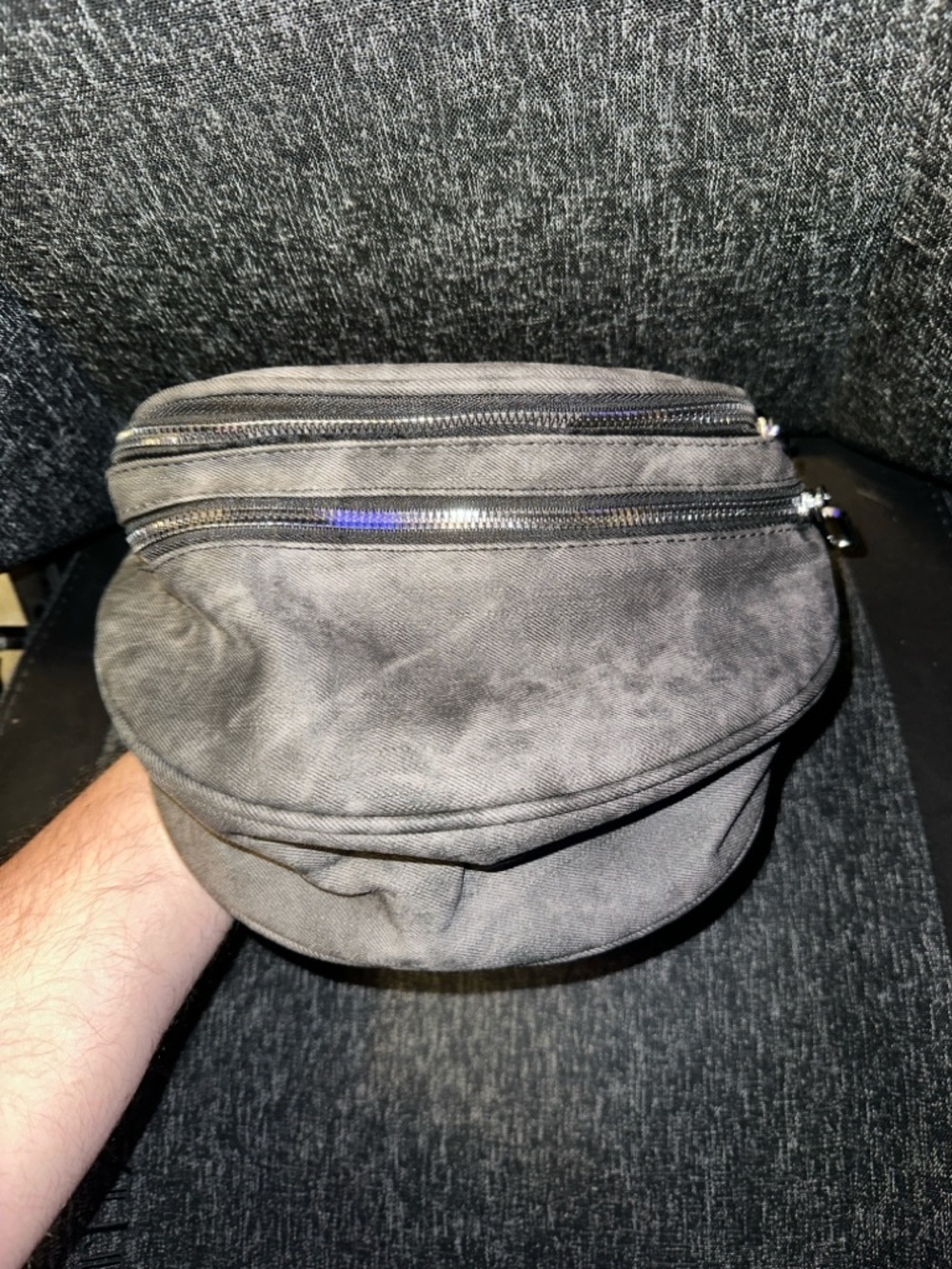 three-chamber grey hip bag or fanny pack